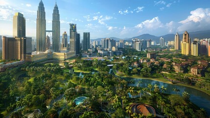 Aerial view of Kuala Lumpur, iconic towers and lush greenery - obrazy, fototapety, plakaty