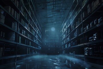 : A dark, ominous warehouse, with towering shelves and a thick, suffocating darkness