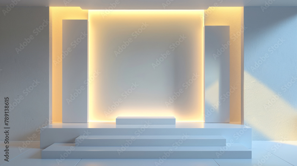 Poster elegantly designed product display stand with minimalistic white background and subtle lighting, per