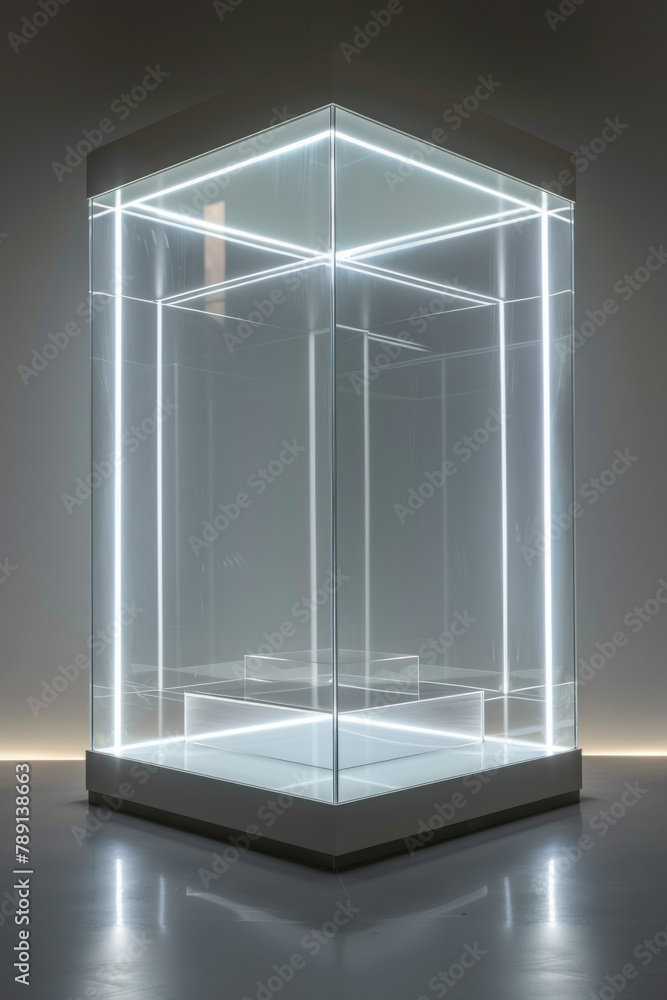Aufkleber an elegant and straightforward product display stand with a plain white background and subtle lighti