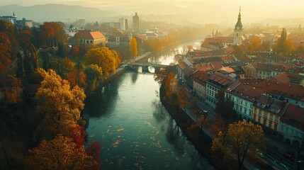 Aerial view of Ljubljana, river dividing the historical center, serene afternoon