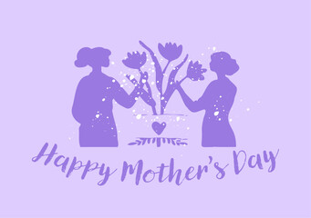 Mother's Day illustration set features a bouquet of vibrant tulips and a woman tending to flowers, each against a violet background, conveying love and appreciation.