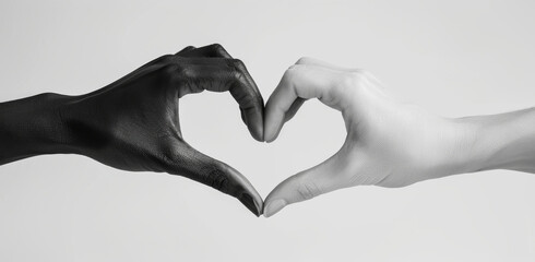 Black and White Hands Forming Heart Symbol of Love and Harmony, Interracial Friendship Concept