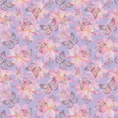 Delicate pink butterflies and lotus flowers on a lilac background. Watercolor illustration. Seamless pattern. For the design of fabric, textiles, wallpaper, packaging