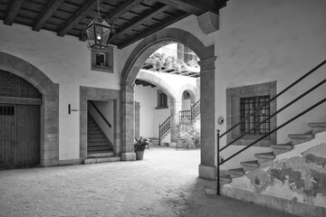 A beautiful courtyard - a backyard, shot through a gate, in black and white