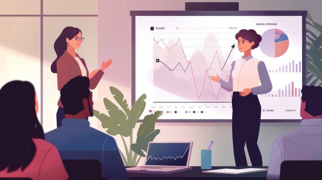 Business Conference Meeting Presentation: Businesswoman does Financial Analysis talks to Group of Businessspeople. Projector Screen Shows Stock Market Data, Investment Strategy, Revenue Growth 