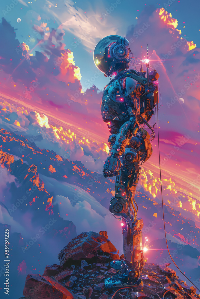 Aufkleber creative robot artist creating a vibrant landscape in a digital studio with precise mechanical movem