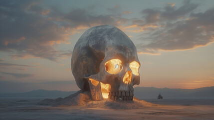 Giant human skull in a desert landscape at dusk