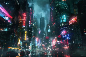 : A dark, dystopian cityscape, illuminated only by the harsh glow of neon lights and holographic billboards