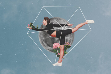 Collage artwork picture of slim sexy lady enjoying night sport isolated graphical grey color...