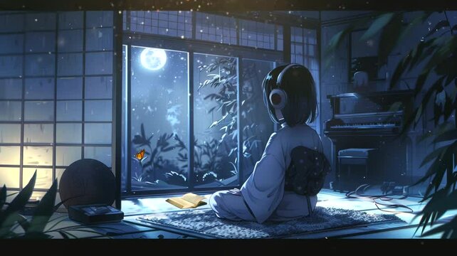 Nestled in the quietude of the Japanese bedroom, the faint moonlight trickled in, enveloping the space in a soothing embrace. anime looping video background animation