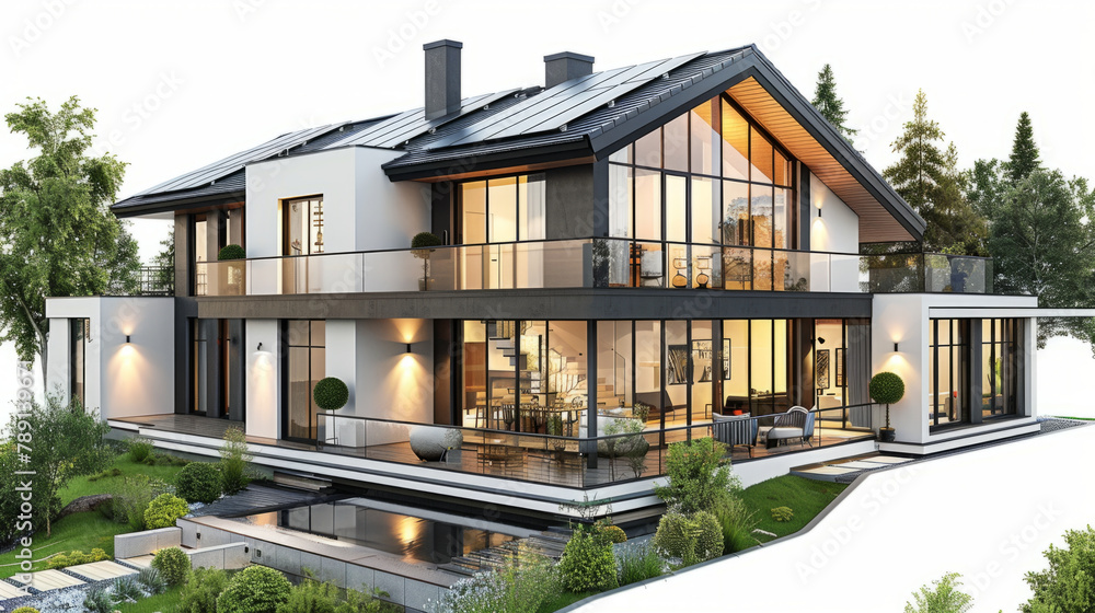 Poster a 3d model of a modern house with solar panels, demonstrating sustainable design practices in archit