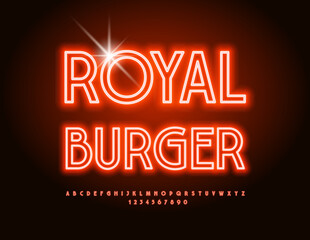 Naklejka na ściany i meble Vector premium sign Royal Burger. Glowing Alphabet Letters and Numbers set. Red Neon Font.