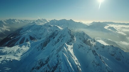 Aerial view of the Alps in Austria, snow-capped mountains and skiing trails - obrazy, fototapety, plakaty