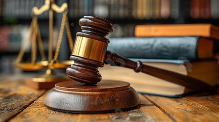 A wooden gavel and scale of justice on a hardwood table