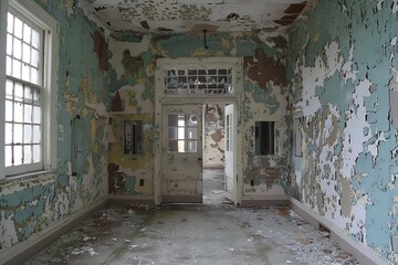 : A crumbling, abandoned hospital, with peeling paint and broken windows