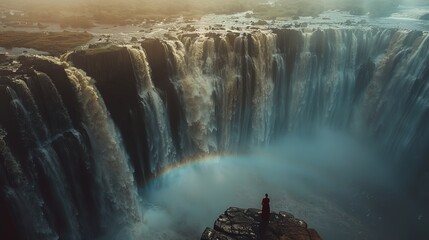 Aerial view of the Blue Nile Falls, powerful waterfalls and misty rainbows
