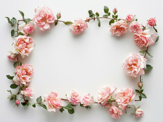 Naklejka na ściany i meble Pale pink roses and petals arranged in circular frame on white background, romantic floral design with copy space, top view. Ai generation