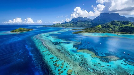 Aerial view of the Bora Bora, turquoise lagoon and barrier reef - obrazy, fototapety, plakaty