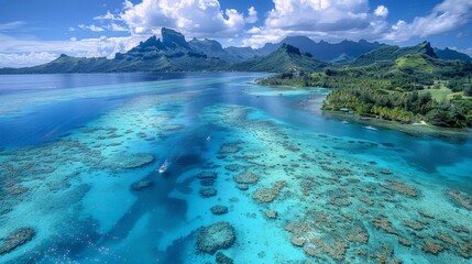 Aerial view of the Bora Bora, turquoise lagoon and barrier reef
