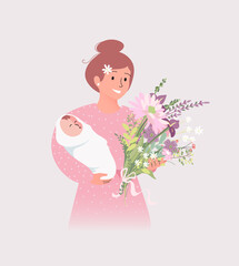 Happy mother hold newborn baby and big bouquet of flowers in maternity hospital. Vector illustration
