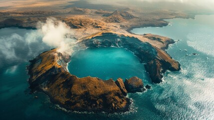 Aerial view of the Gal?pagos Islands, unique ecosystems and volcanic landscapes