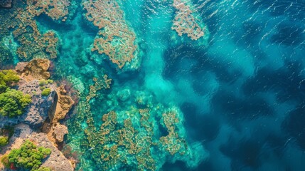 Aerial view of the Great Barrier Reef, vivid coral patterns, clear blue waters