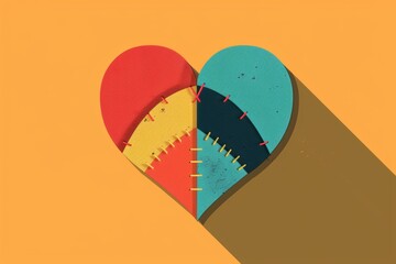 Colorful patchwork heart symbolizing healing and the unity of diversity with stitched details.