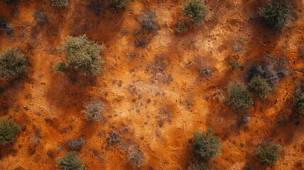Aerial view of the Kalahari Desert, red earth and sparse vegetation