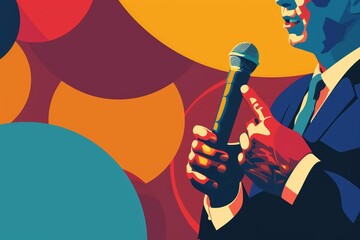 An orator grips a microphone, emphasizing the power of voice in public speaking, suitable for themes of influence and advocacy. - obrazy, fototapety, plakaty