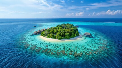 Aerial view of the Maldives, coral atolls and turquoise waters - obrazy, fototapety, plakaty