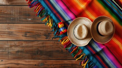 A vibrant image showcasing Mexican sombreros laid on a colorful serape next to assorted toys against a rustic wooden backdrop creates a striking high contrast composition