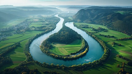 Aerial view of the Rhine River, winding through European landscapes - obrazy, fototapety, plakaty