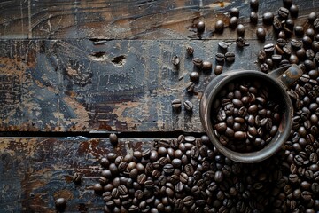 Coffee beans scattered on an old wooden table, with one small cup in the center. The background is dark, moody, rustic and blurred. A vintage wooden cup filled with black coffee.