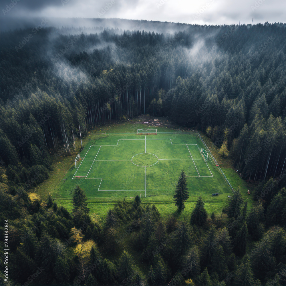 Canvas Prints aerial view of a football field in the forest during a cloudy day.