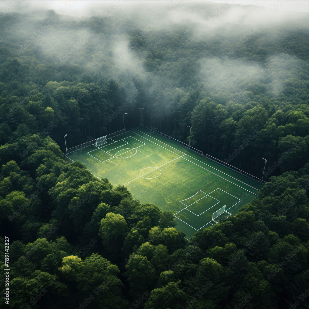 Wall mural aerial view of a soccer field in the forest with fog.