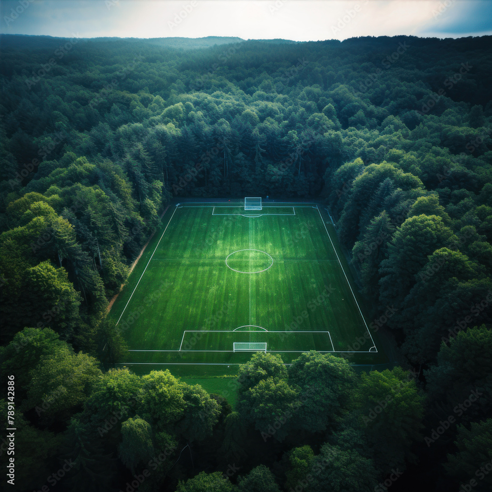 Wall mural aerial view of a soccer field in the middle of a forest