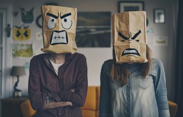 A photo of a couple standing side by side, both wearing paper bags over their heads with angry faces drawn on them, Iindividuals in brown paper bags with drawn smiley faces in front of their heads