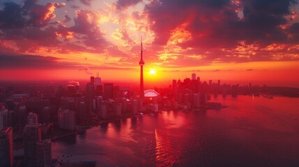 Aerial view of Toronto, CN Tower and lakeshore, vibrant sunset