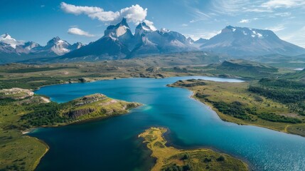 Naklejka na ściany i meble Aerial view of Torres del Paine, majestic peaks and turquoise lakes