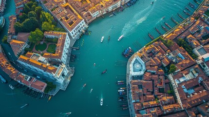 Aerial view of Venice, intricate waterways and historical architecture