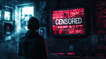 Man contemplating censored sign in neon-lit environment - obrazy, fototapety, plakaty