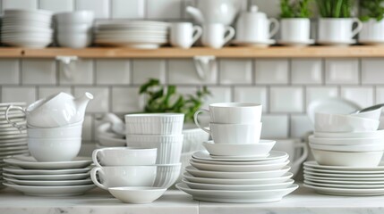 An assortment of white dishes and cups neatly organized in a kitchen setting