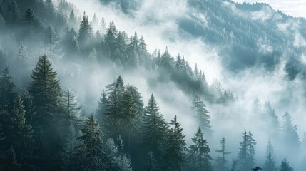Misty pine forest on the mountain slope in a nature reserve - obrazy, fototapety, plakaty