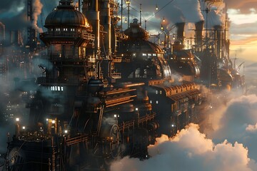 : A colossal gearship, its intricate brass mechanisms gleaming in the soft glow of steam lamps, billowing smoke rising from its smokestacks. - obrazy, fototapety, plakaty