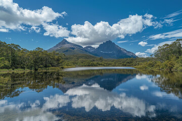 Mountain with blue sky, clouds and reflection for background