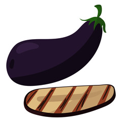 A whole eggplant and a slice of fried eggplant, showing its bright purple hue and juicy texture. It is ideal for culinary graphics, postcards with recipes, healthy lifestyle. Isolated. Vector