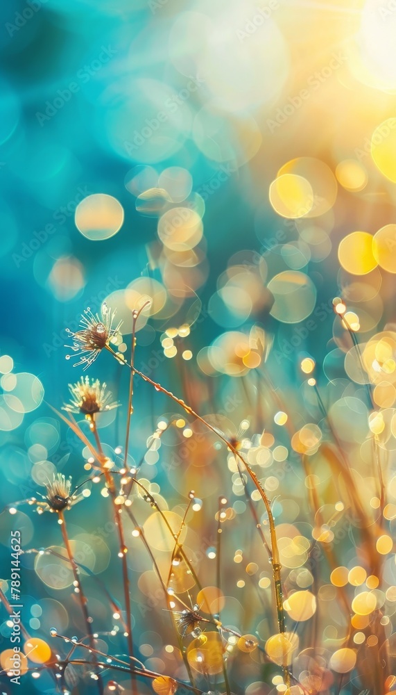 Poster blurred spring meadow with sunny gradient sky and defocused bokeh lights for serene background