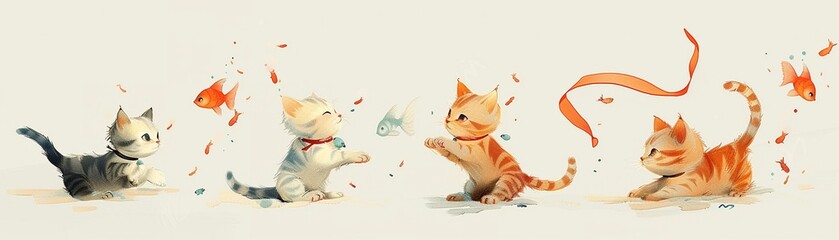 Charming wallpaper series of cats in adorable poses, each with unique interactions with fish and ribbons, handdrawn in pastels - obrazy, fototapety, plakaty