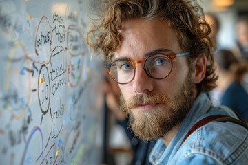 Handsome young man with curly hair and glasses looking at the camera, standing next to a whiteboard - Powered by Adobe
